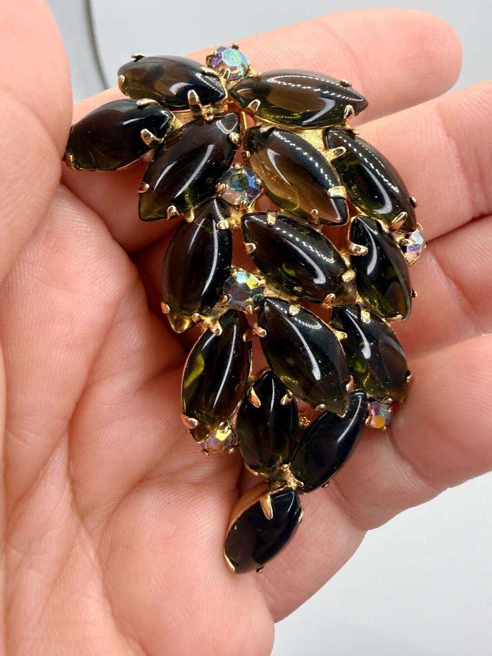 Vintage Olive Green Cabochon Leaf Brooch
